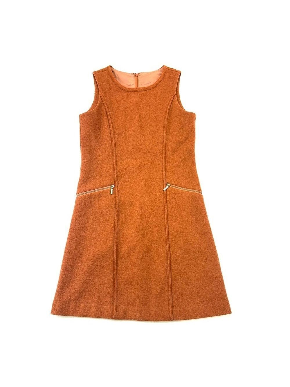 Boiled wool jumper dress Small Lined tumeric rust orange
Round neck pockets